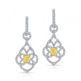 WHITE AND YELLOW GOLD FANCY YELLOW CUSHION DIAMOND DANGLE EARRINGS   