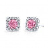 WHITE GOLD PINK ENHANCED CUSHION DIAMOND STUD EARRINGS   