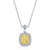 WHITE AND YELLOW GOLD CUSHION FANCY YELLOW HALO DIAMOND PENDANT  