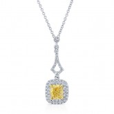 WHITE AND YELLOW GOLD ELEGANT FANCY YELLOW CUSHION HALO DIAMOND PENDANT 