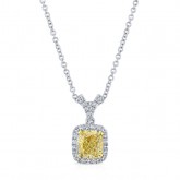WHITE AND YELLOW GOLD CUSHION FANCY YELLOW DIAMOND HALO PENDANT   