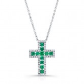 NATURAL COLOR WHITE GOLD INSPIRED EMERALD CROSS DIAMOND  PENDANT